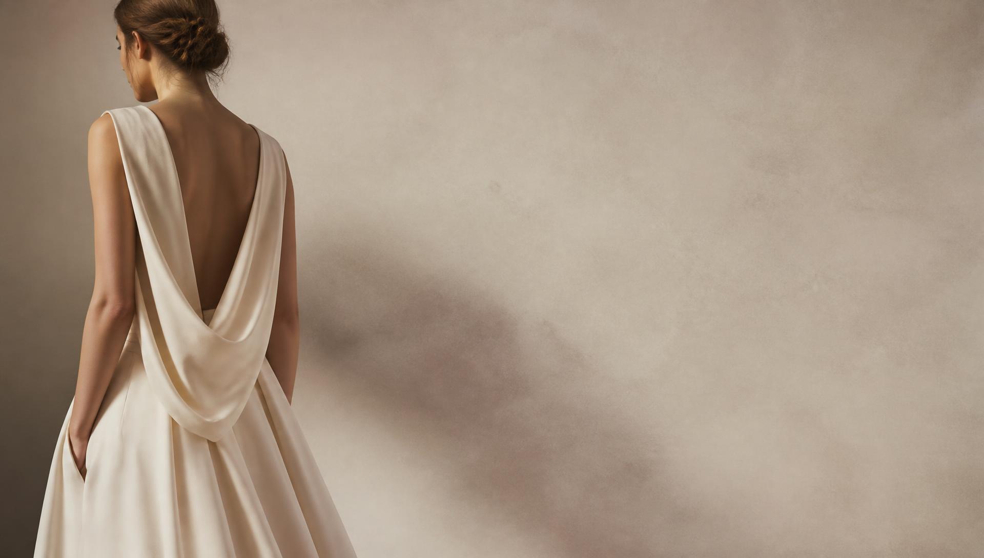 Editorial fashion photograph of a draped ivory silk gown